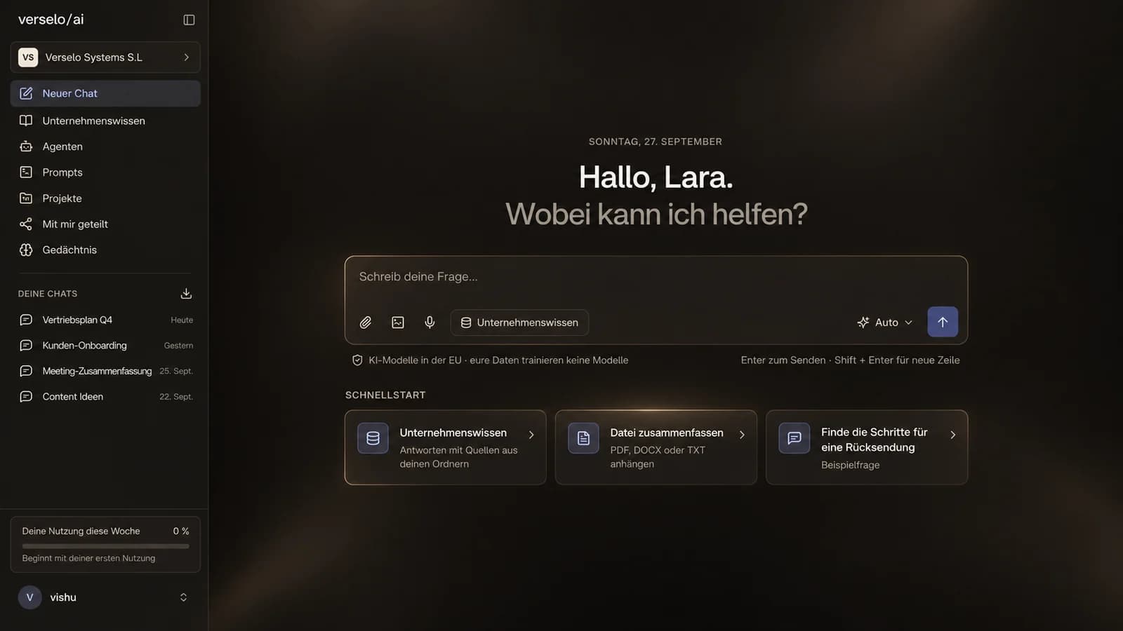 The Verselo workspace: a chat that answers with sources from company documents