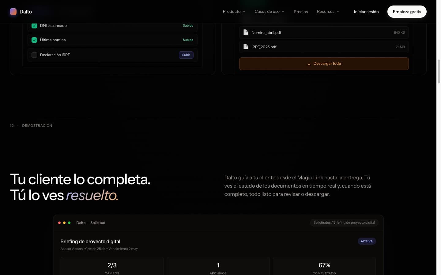 Flujo de DALTO — el cliente completa una solicitud vía Magic Link