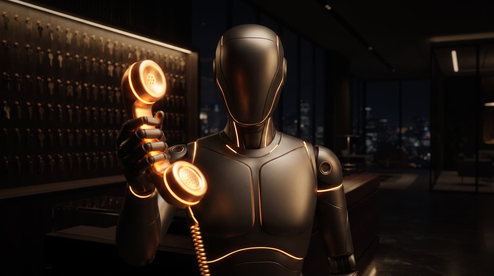 Der Roboter hält einen leuchtenden Telefonhörer entgegen