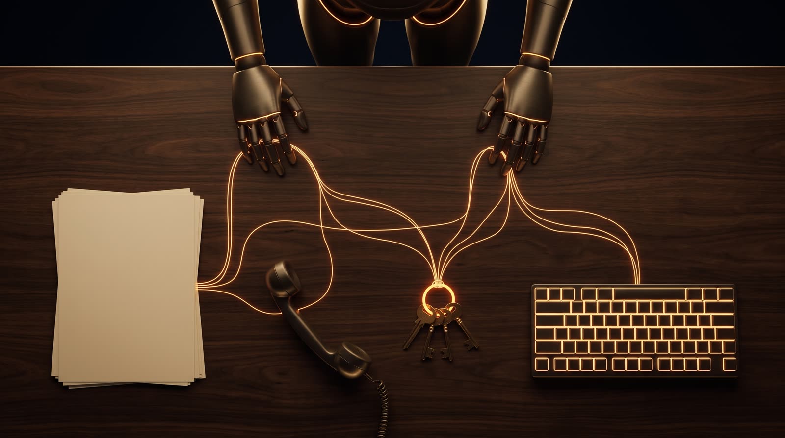 Von oben auf einen Schreibtisch: goldene Fäden verbinden Unterlagen, Telefon, Schlüsselbund und Tastatur, geführt von zwei Roboterhänden