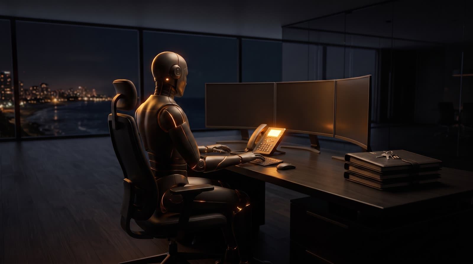 Der Roboter am Arbeitsplatz vor drei Bildschirmen, daneben Unterlagen und ein Schlüsselbund