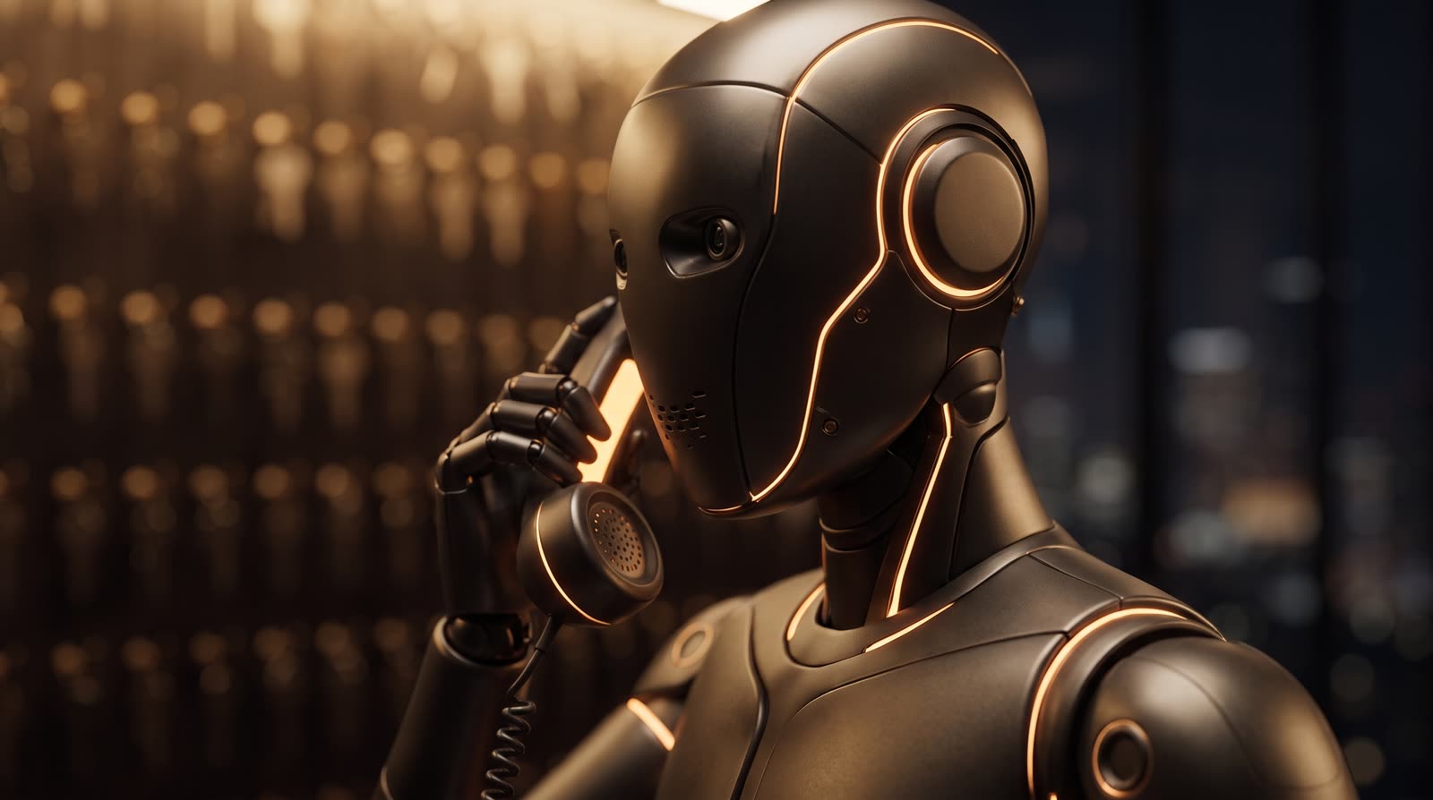 Nahaufnahme: der Roboter hält den Telefonhörer ans Ohr und hört zu