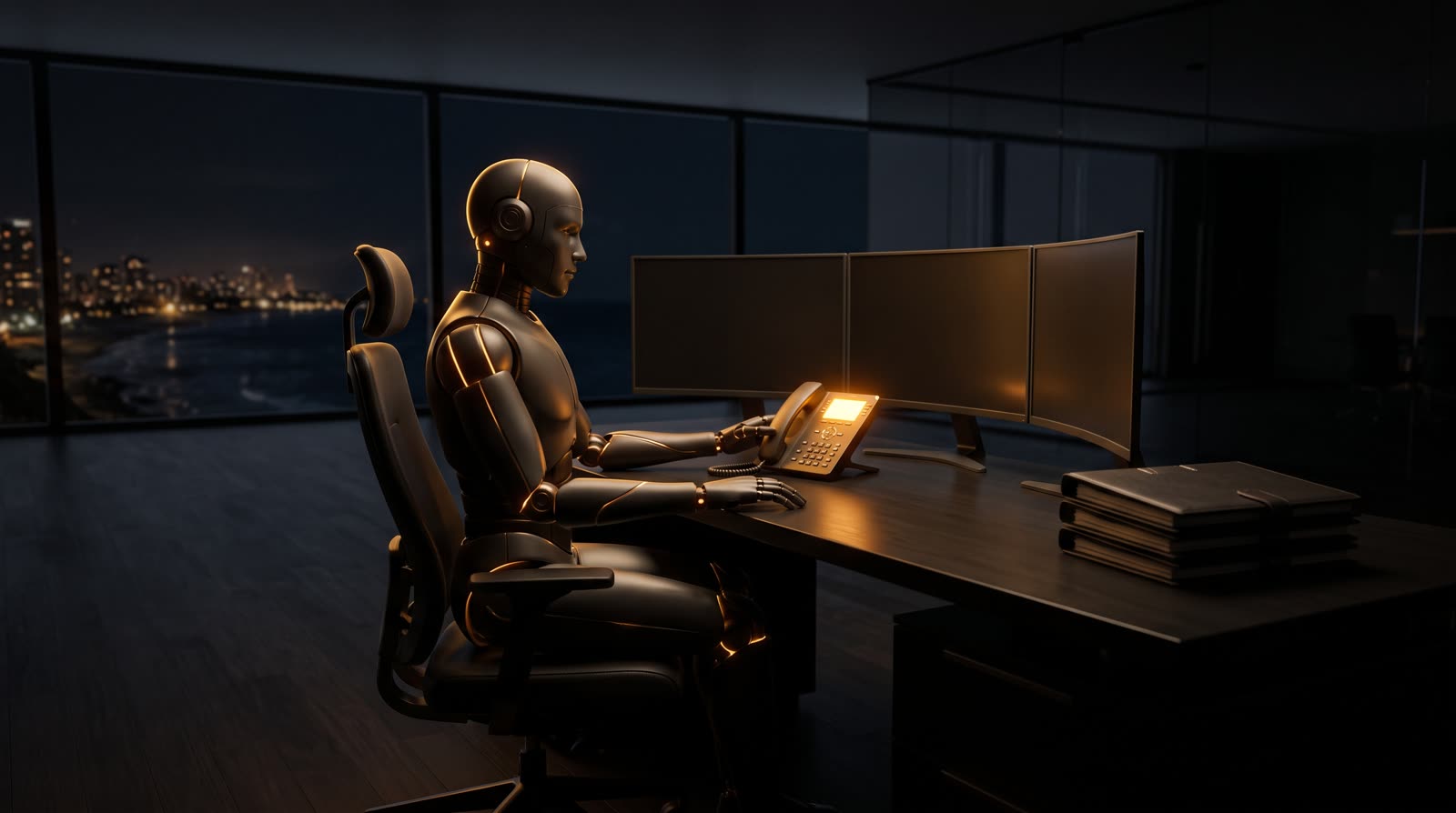 Der Roboter am Schreibtisch vor drei Bildschirmen, nachts, die Küste hinter dem Fenster