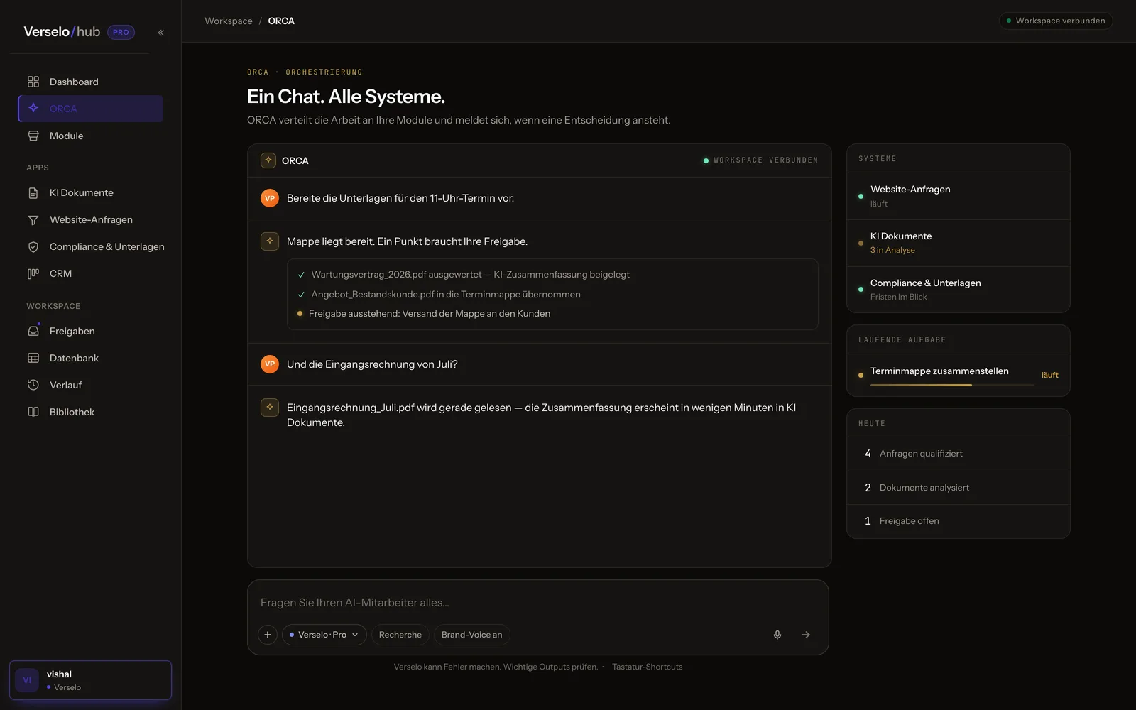 ORCA — die Zentrale des Workspace: ein Chat, alle Systeme