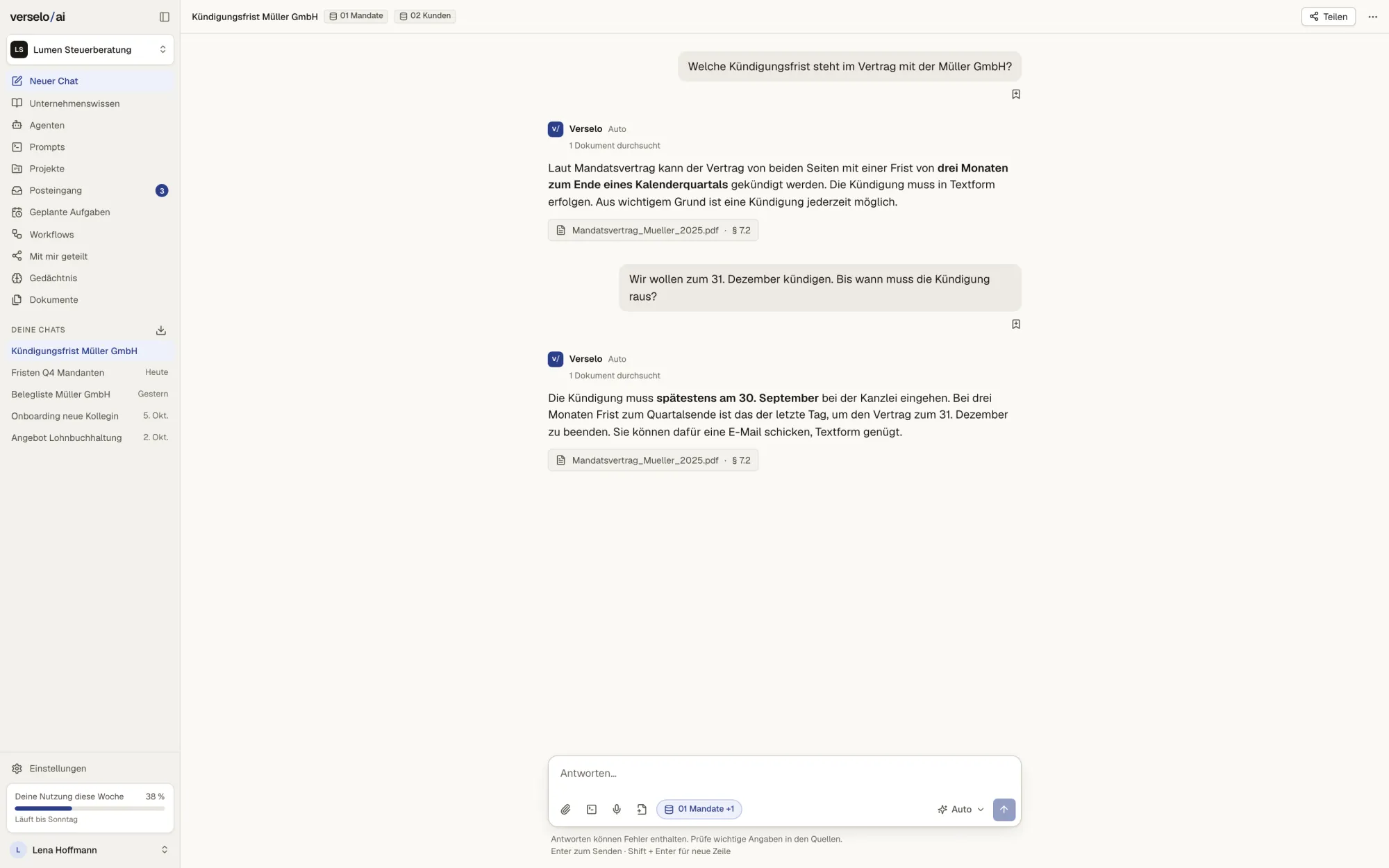 Chat-Antwort mit Quellenangabe aus einem Firmendokument