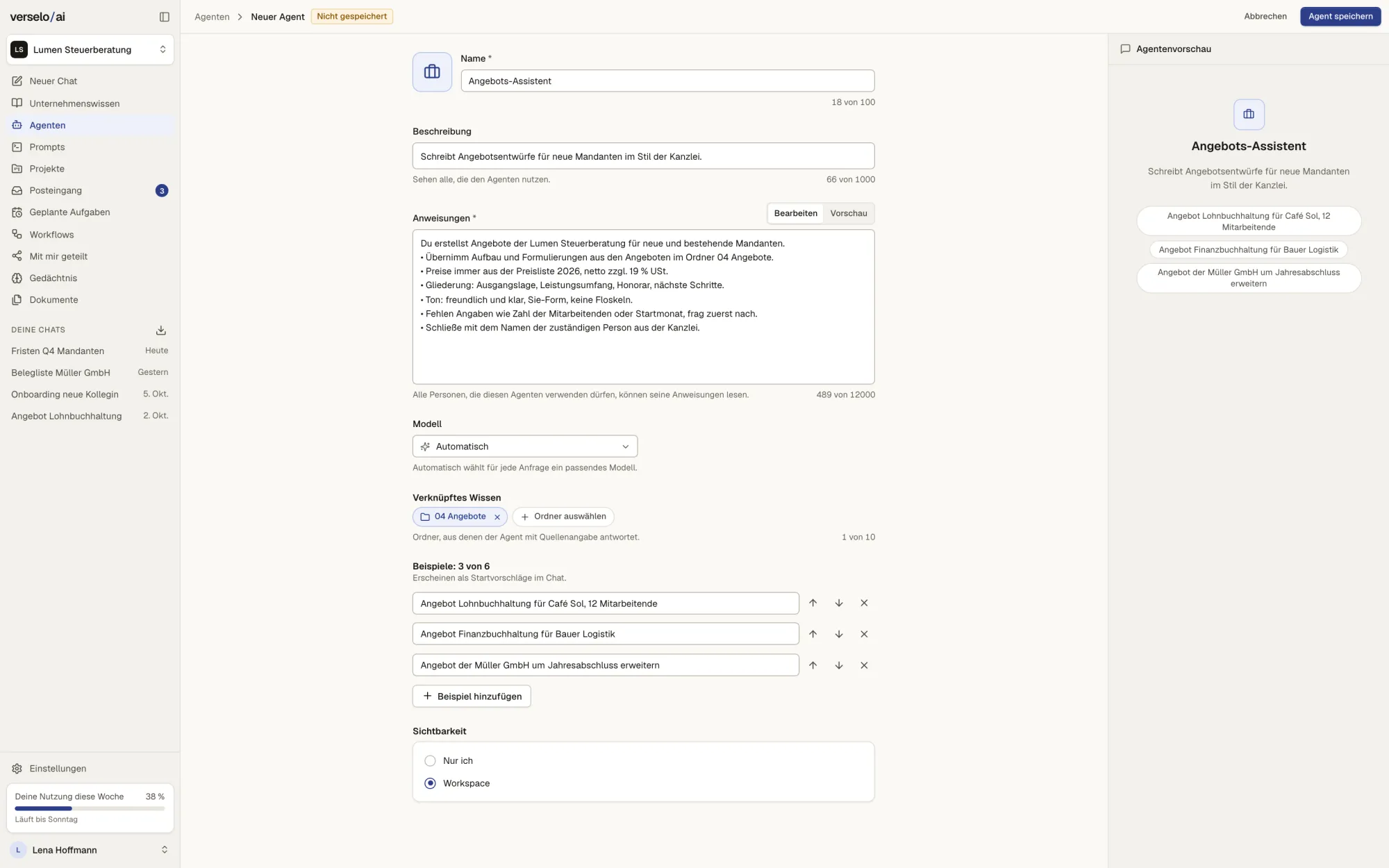 Formular Neuer Agent für den „Angebots-Assistent“ mit Beschreibung, Anweisungen, Modell Automatisch, verknüpftem Ordner „04 Angebote“, drei Beispielen und der Sichtbarkeit Workspace, rechts die Vorschau.