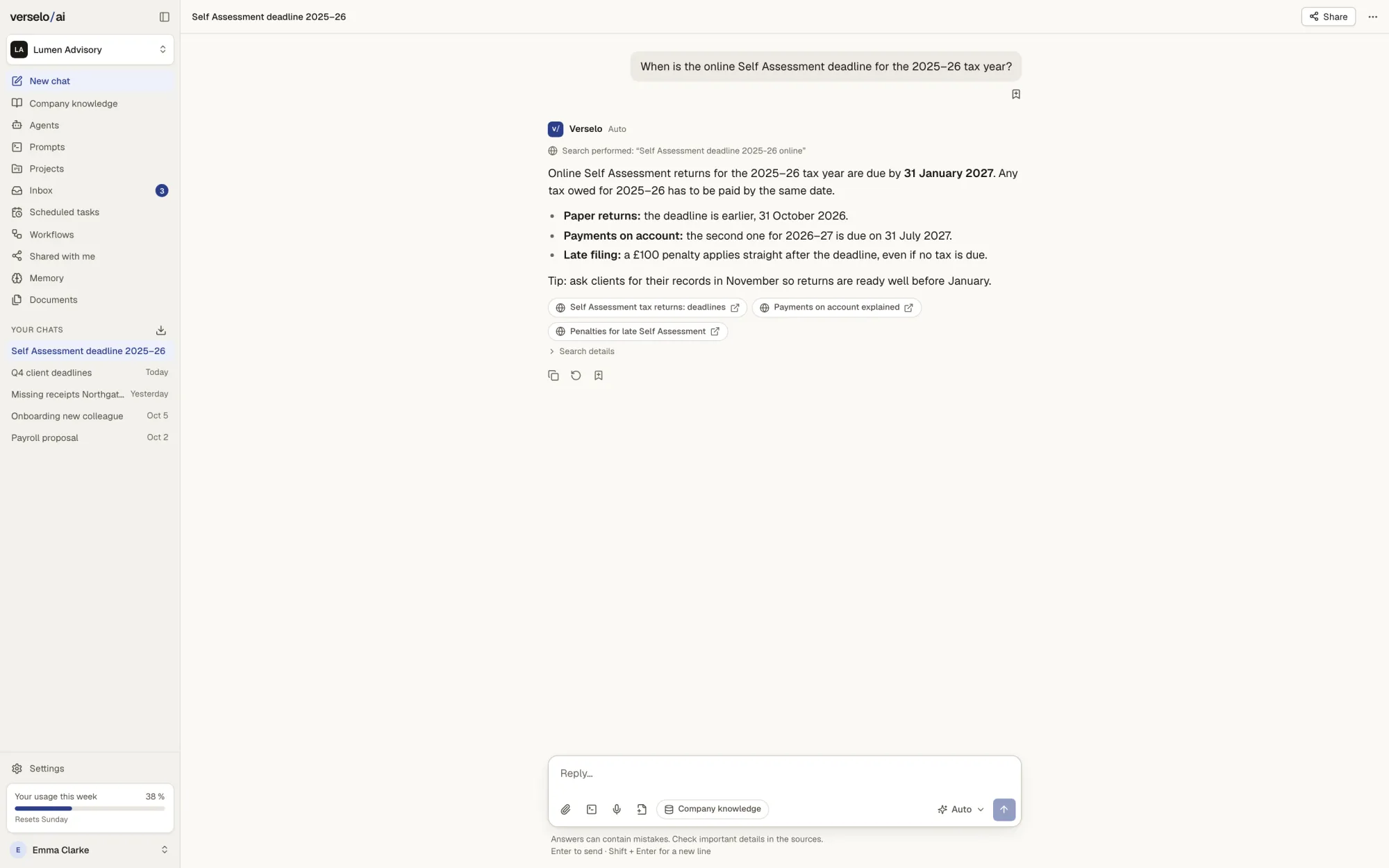 Chat answer with web search about a tax filing deadline: a short paragraph with a few bullet points, the search term above and linked sources below.