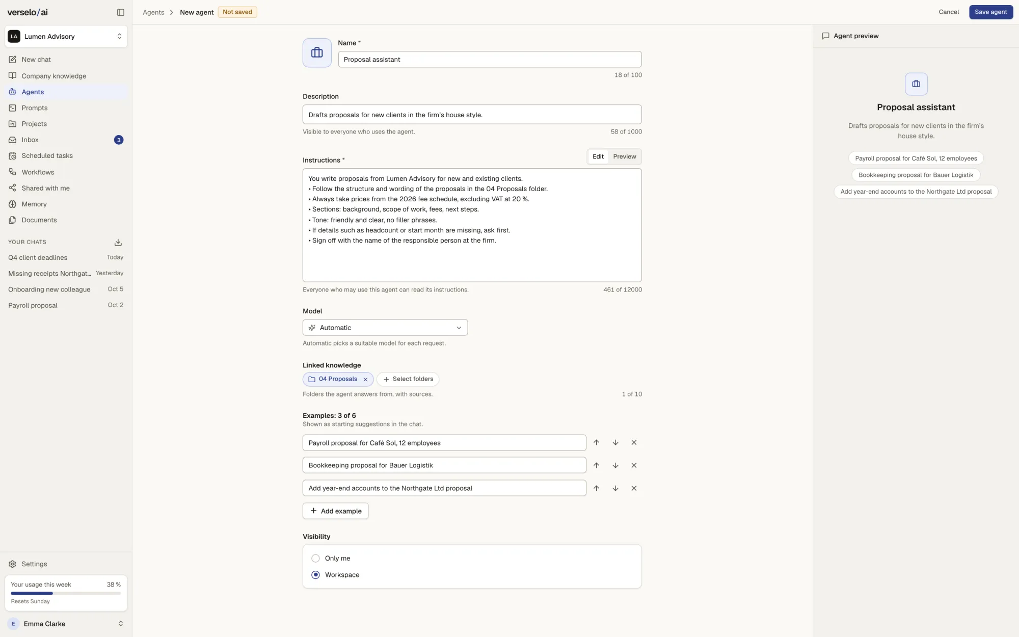 New agent form for the "Proposal assistant" with description, instructions, model set to Automatic, the linked folder "04 Proposals", three examples and workspace visibility, with the preview on the right.