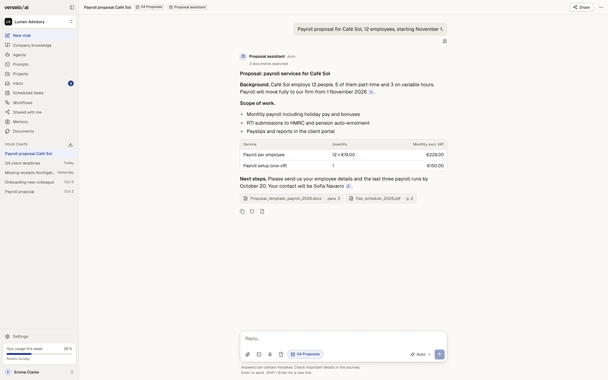 Chat with the proposal assistant: a proposal draft for Café Sol with background, scope, a price table and next steps, citing the proposal template and the price list below.