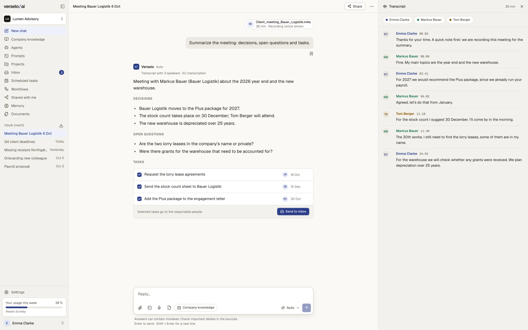 Summary of a meeting with Bauer Logistik with decisions, open questions and three tasks with initials and dates, and the transcript with three speakers on the right
