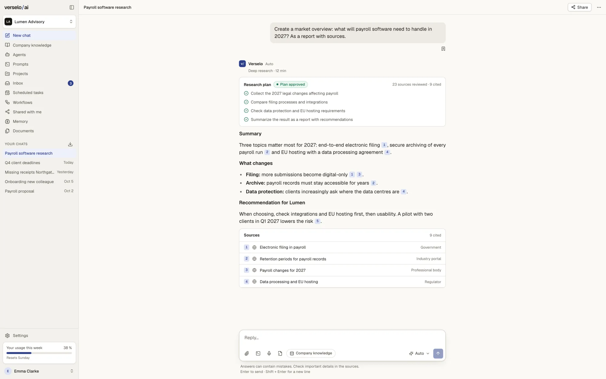 Research report on requirements for payroll software: the approved four-step research plan at the top, then the summary, changes and recommendation with numbered references, and a list of the cited sources.