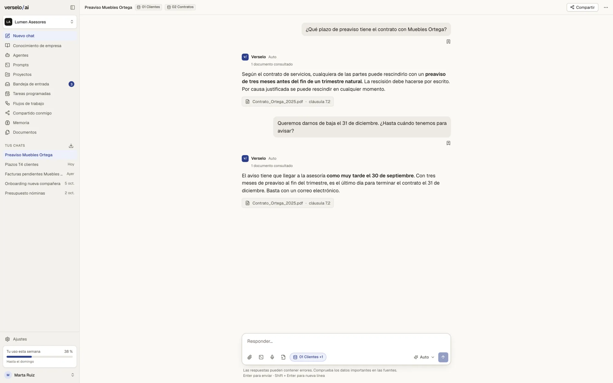 Respuesta del chat con la fuente de un documento de la empresa