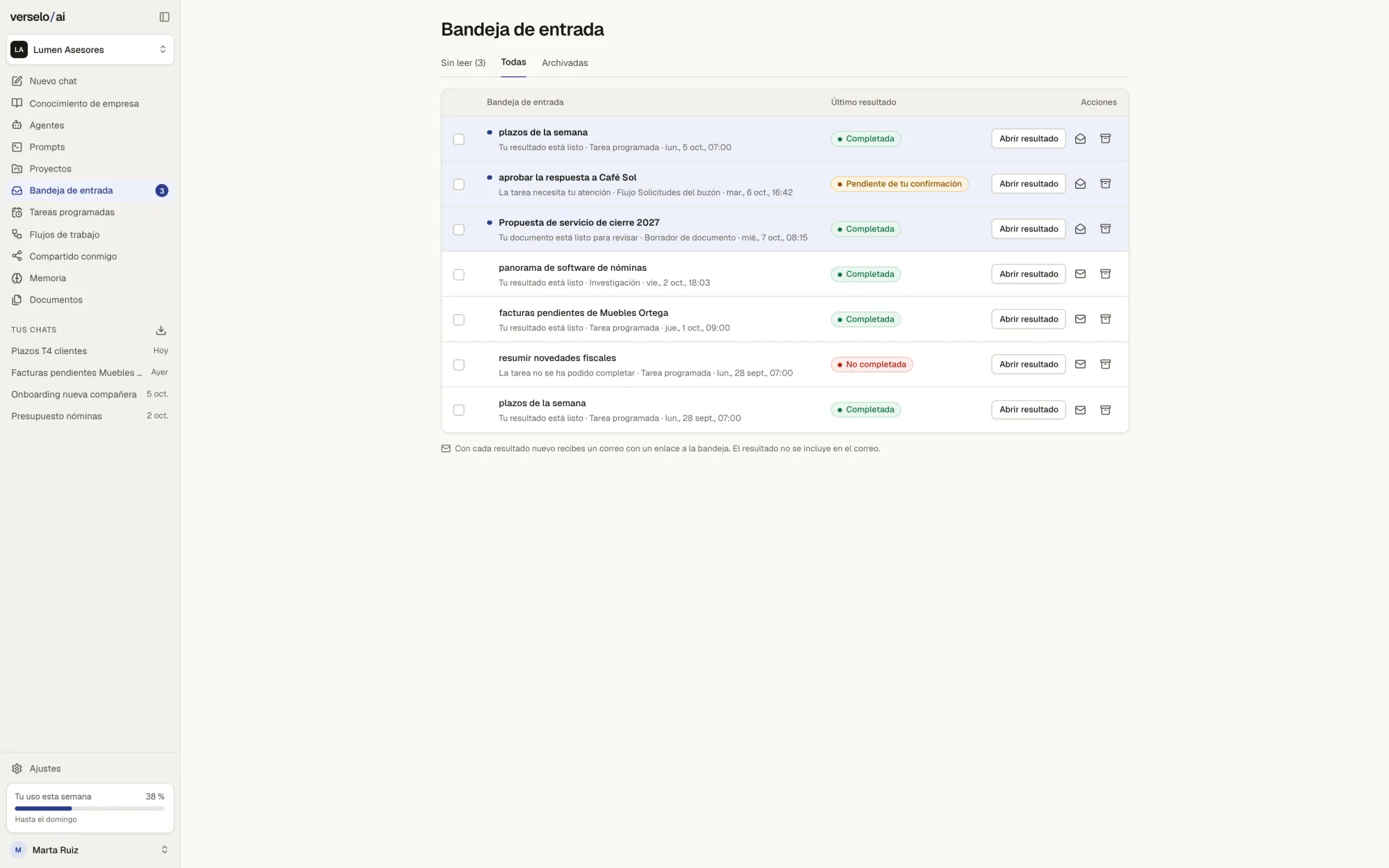 Bandeja de entrada de Verselo con resultados de tareas programadas, una investigación y un flujo de trabajo, entre ellos una respuesta a Café Sol pendiente de tu confirmación.